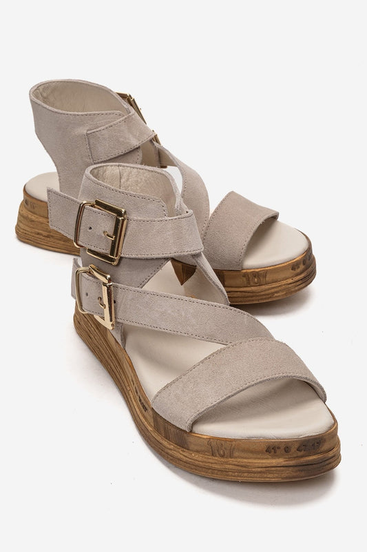 LORENTIS - Sandalia de doble hebilla de ante y piel auténtica beige (mujer)