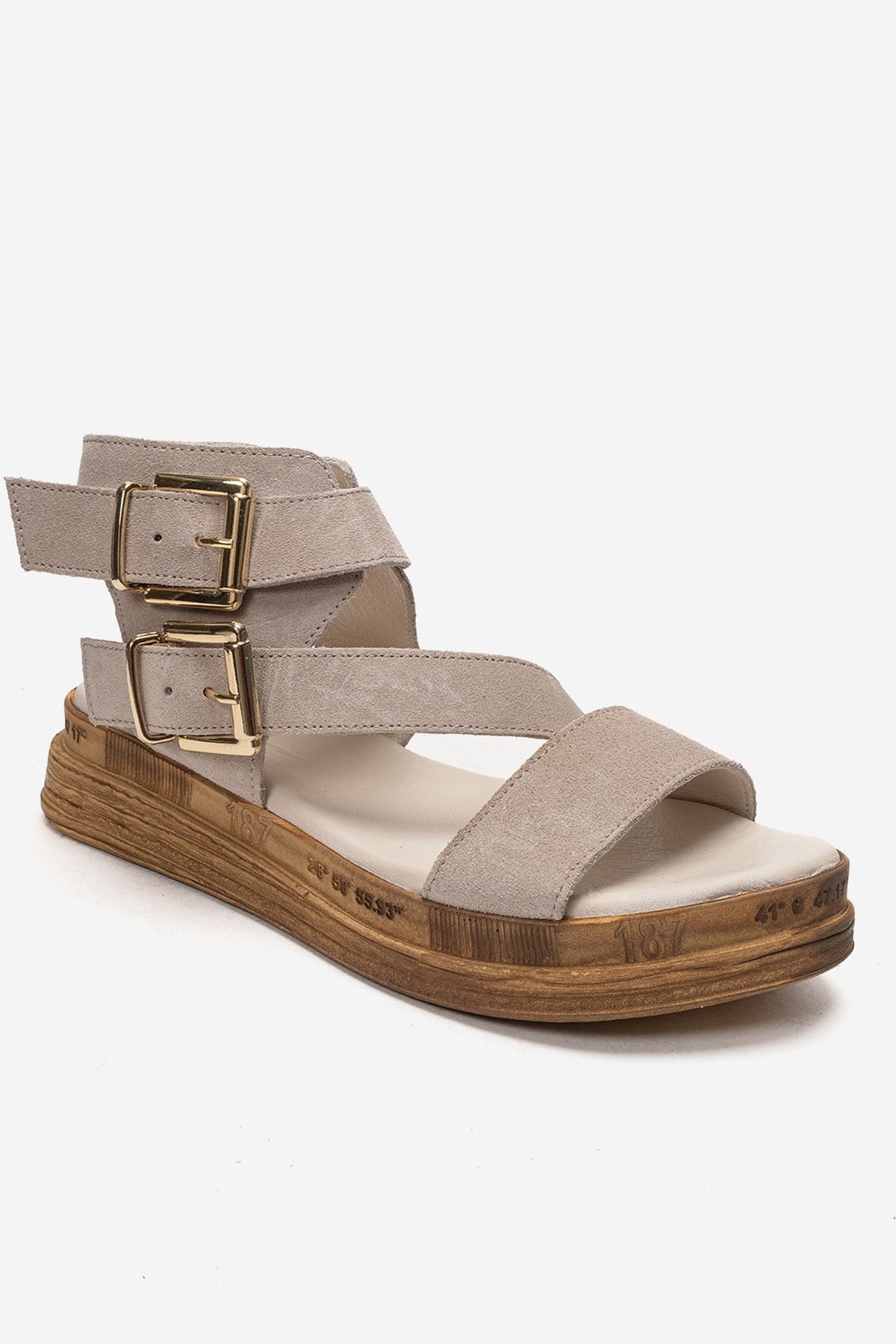 LORENTIS - Beige Genuine Leather Suede Double-Buckle Sandal (Women)