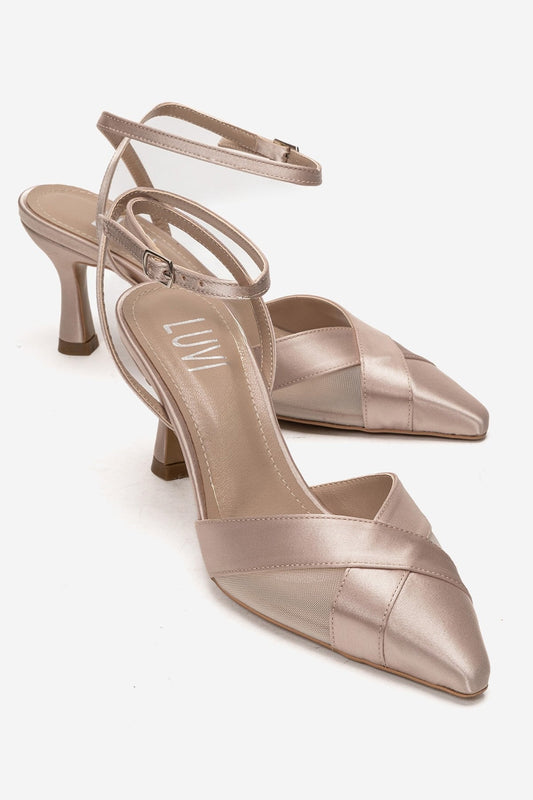 ESTELA - Zapatilla de tacón de aguja de satén beige (Mujer)