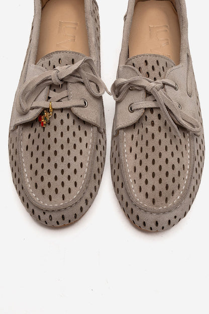 STEVO - Mocasin de Piel Genuina de Gamuza Beige con Cordones (Mujer)