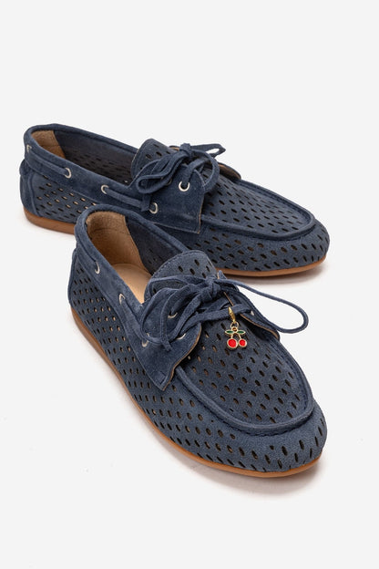 Stevo - Mocasín de cuero genuino perforado con cordones, color azul denim (mujer)