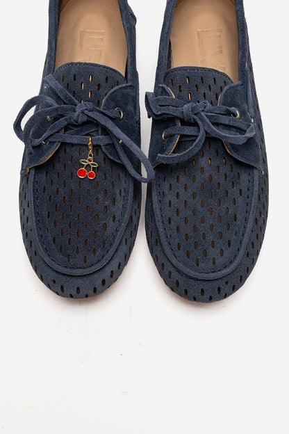 Stevo - Mocasín de cuero genuino perforado con cordones, color azul denim (mujer)