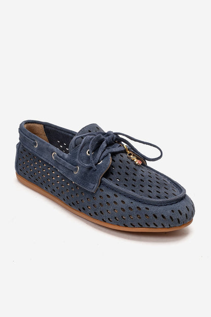 Stevo - Mocasín de cuero genuino perforado con cordones, color azul denim (mujer)