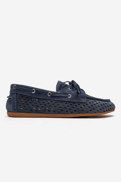 Stevo - Mocasín de cuero genuino perforado con cordones, color azul denim (mujer)