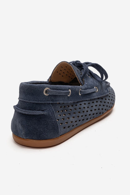 Stevo - Mocasín de cuero genuino perforado con cordones, color azul denim (mujer)