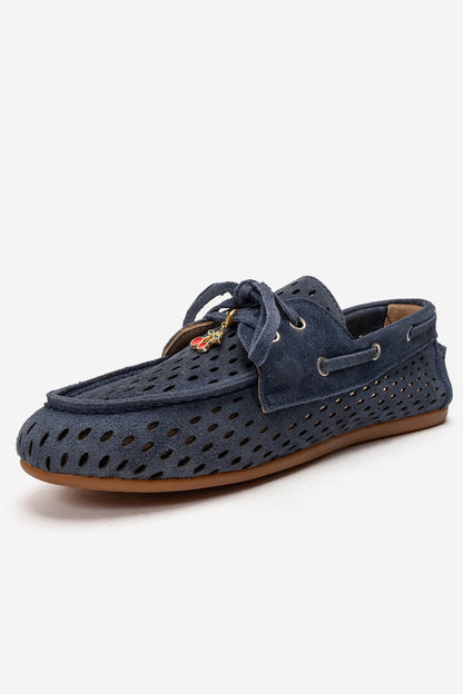 Stevo - Mocasín de cuero genuino perforado con cordones, color azul denim (mujer)