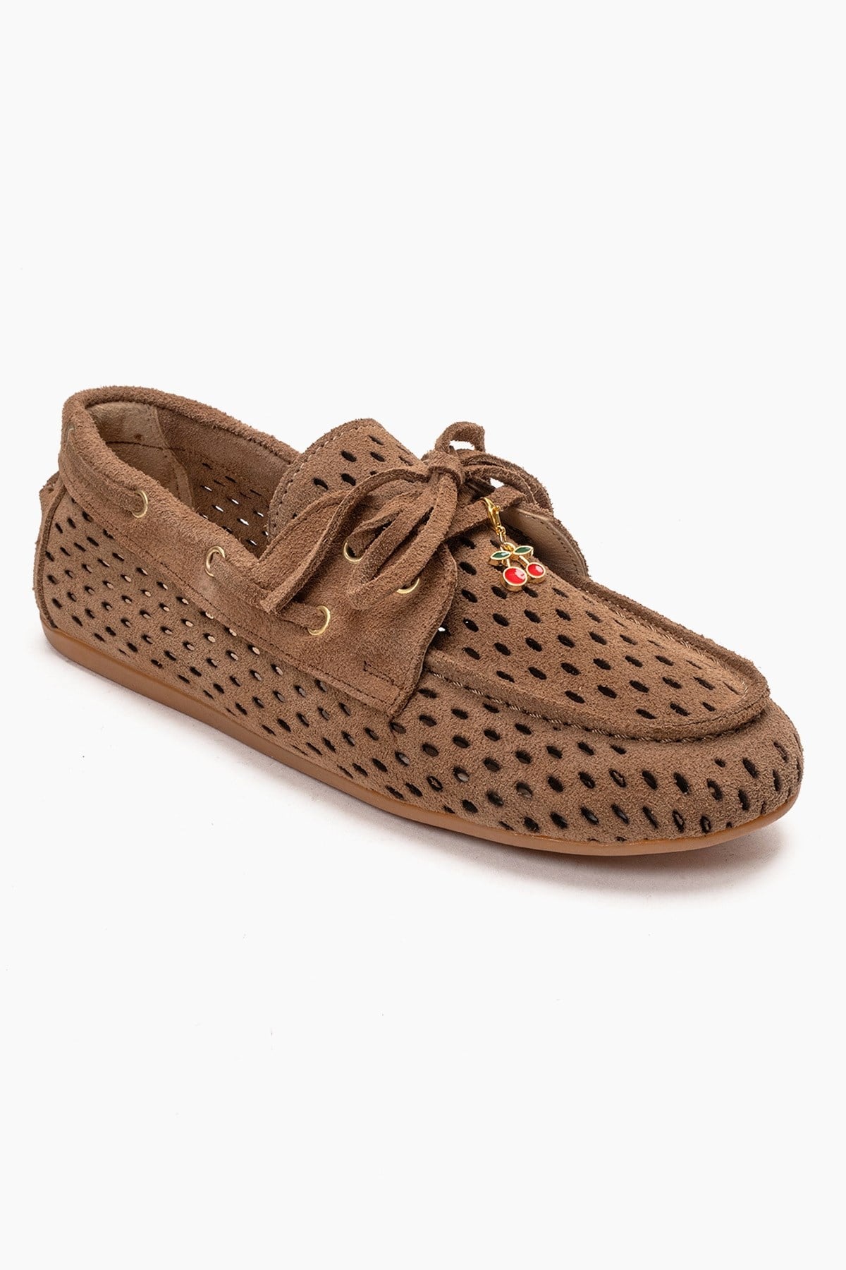 Stevo - Mocasín con cordones perforado de cuero genuino color topo (Mujer)