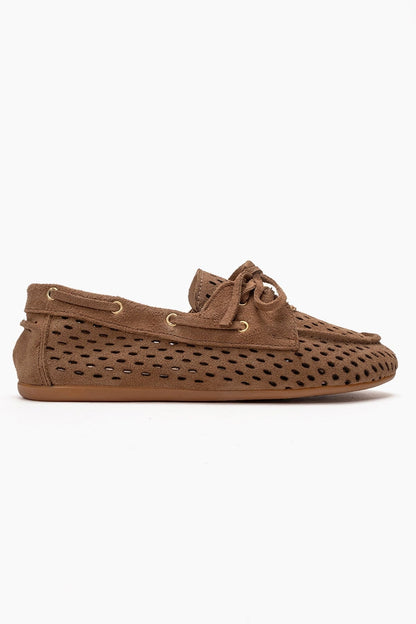 Stevo - Mocasín con cordones perforado de cuero genuino color topo (Mujer)