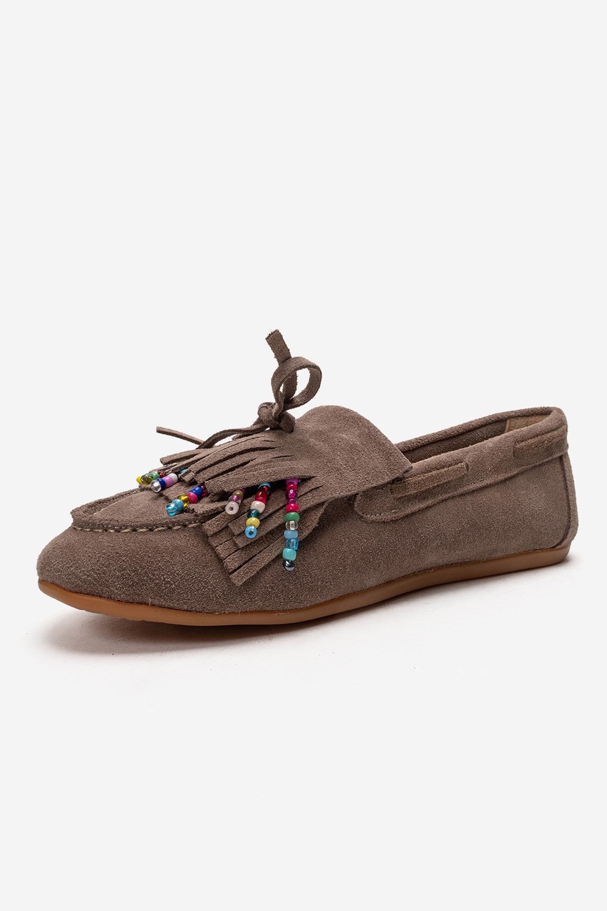Evelyn - Mocasín de borlas y cuentas de gamuza color topo, piel auténtica (mujer)