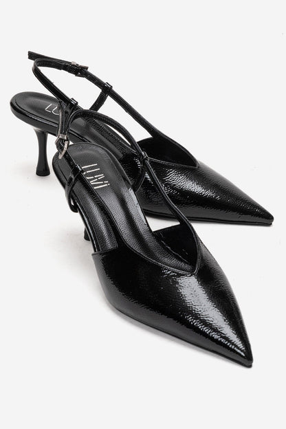 Irena - Zapatos de tacón de aguja destalonados con puntera en punta de charol negro, Piel Genuina (Mujer)