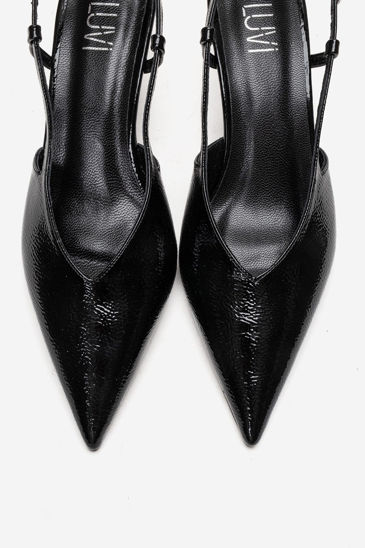 Irena - Zapatos de tacón de aguja destalonados con puntera en punta de charol negro, Piel Genuina (Mujer)