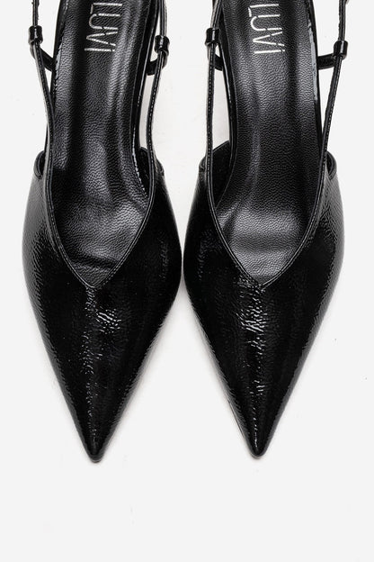 Irena - Zapatos de tacón de aguja destalonados con puntera en punta de charol negro, Piel Genuina (Mujer)