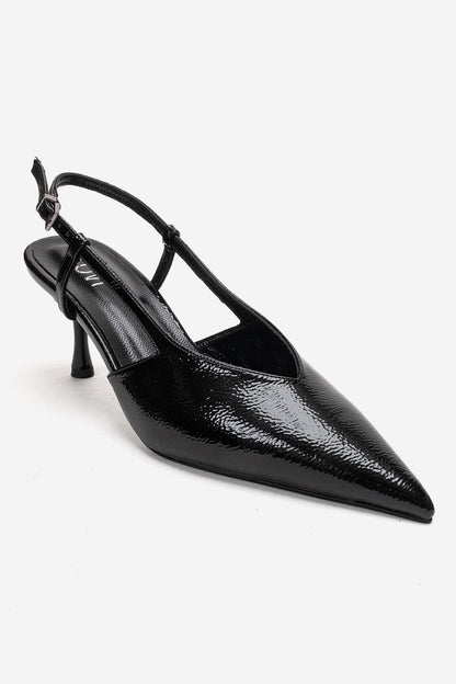 Irena - Zapatos de tacón de aguja destalonados con puntera en punta de charol negro, Piel Genuina (Mujer)