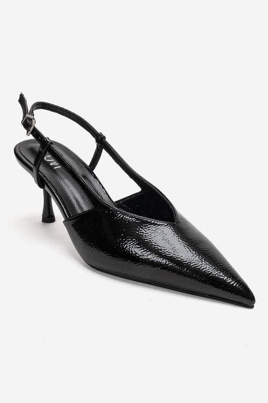Irena - Zapatos de tacón de aguja destalonados con puntera en punta de charol negro, Piel Genuina (Mujer)