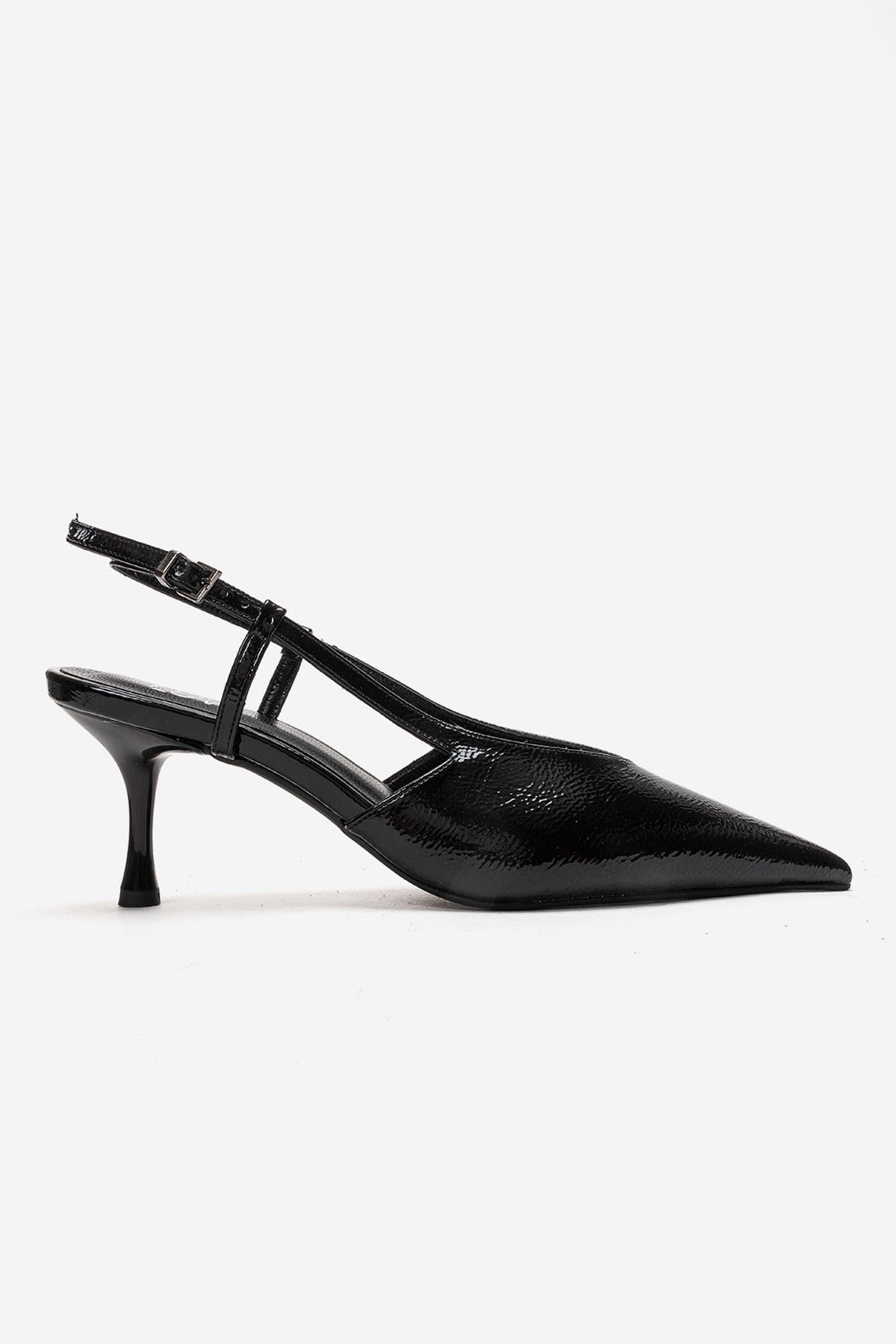 Irena - Zapatos de tacón de aguja destalonados con puntera en punta de charol negro, Piel Genuina (Mujer)