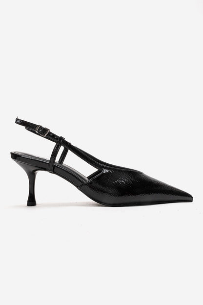 Irena - Zapatos de tacón de aguja destalonados con puntera en punta de charol negro, Piel Genuina (Mujer)