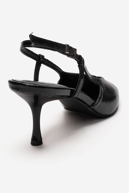 Irena - Zapatos de tacón de aguja destalonados con puntera en punta de charol negro, Piel Genuina (Mujer)