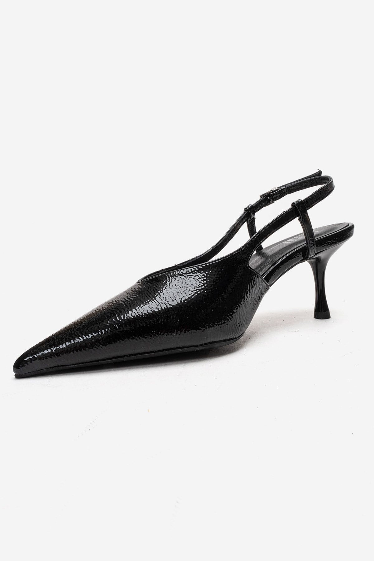 Irena - Zapatos de tacón de aguja destalonados con puntera en punta de charol negro, Piel Genuina (Mujer)