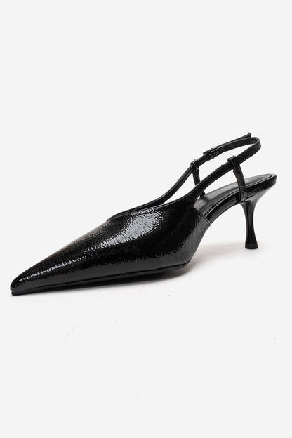 Irena - Zapatos de tacón de aguja destalonados con puntera en punta de charol negro, Piel Genuina (Mujer)