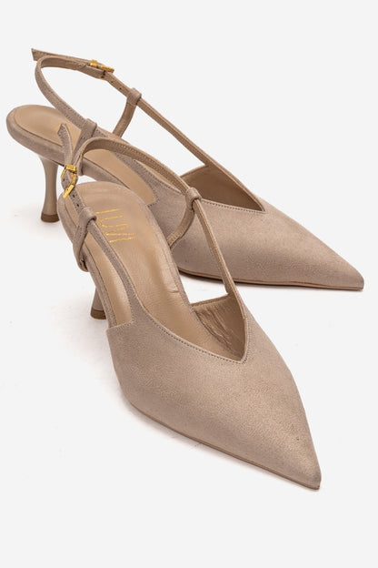 Irena - Zapatos de Tacón de Aguja Destalonados de Ante Beige con Punta, Piel Genuina (Mujer)