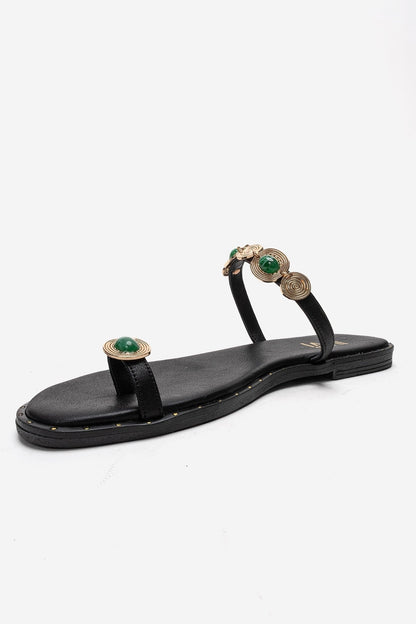 MARTINEZ - Sandalia de tanga de cuero auténtico negro (Mujer)