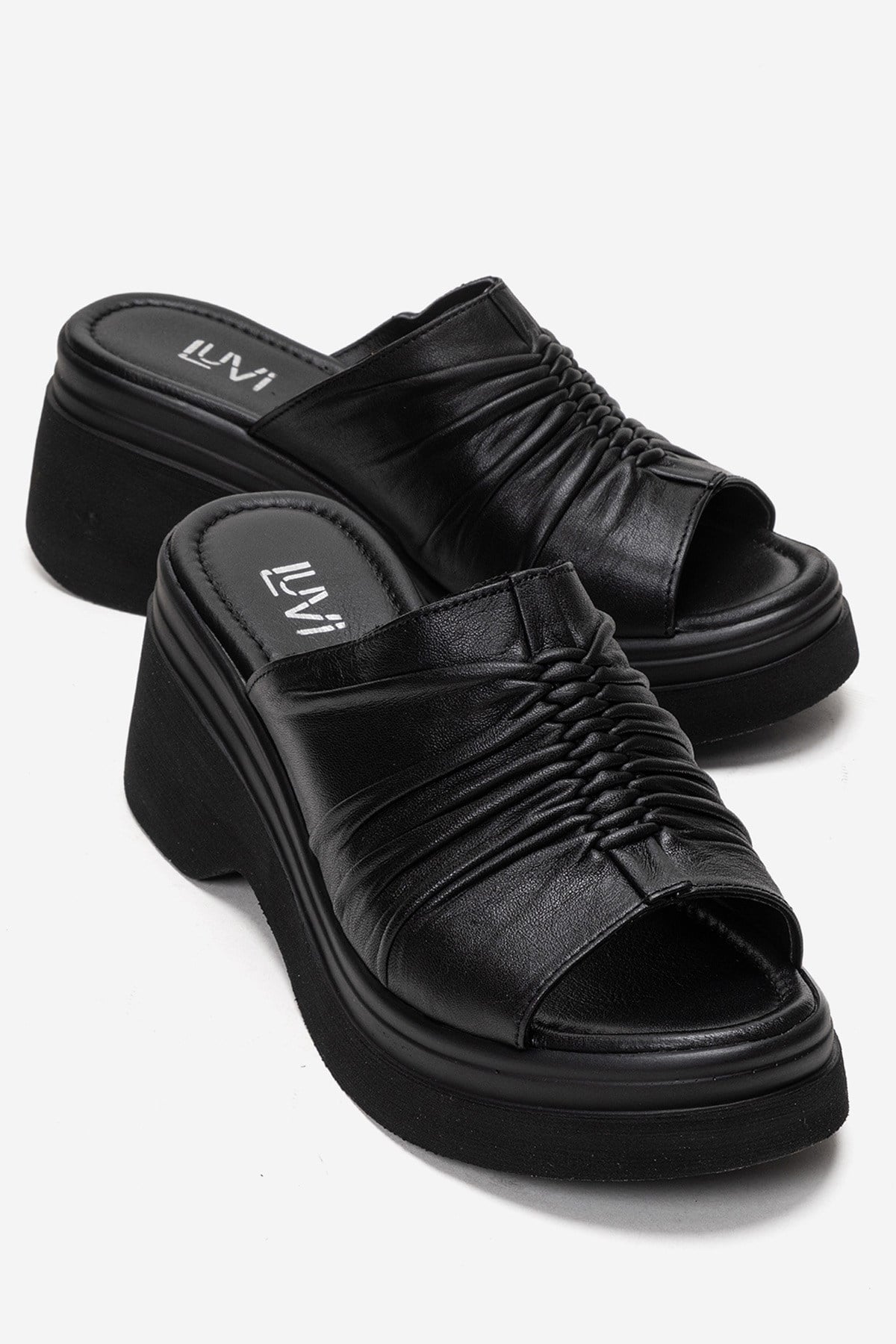 NELLIE - Black Genuine Leather Platform Wedge Slide (Women)