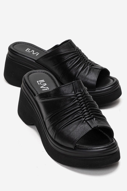 NELLIE - Black Genuine Leather Platform Wedge Slide (Women)