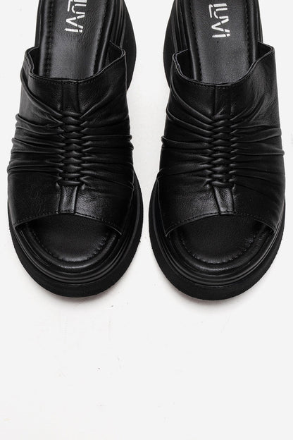 NELLIE - Black Genuine Leather Platform Wedge Slide (Women)