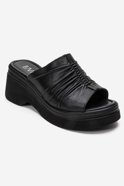 NELLIE - Black Genuine Leather Platform Wedge Slide (Women)