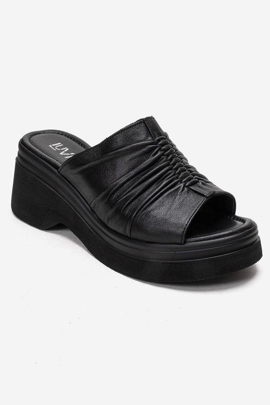 NELLIE - Plataforma de Cuña Deslizable de Cuero Genuino Negro (Mujer)