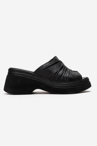 NELLIE - Black Genuine Leather Platform Wedge Slide (Women)
