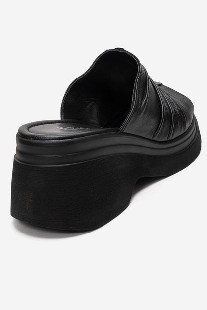 NELLIE - Black Genuine Leather Platform Wedge Slide (Women)