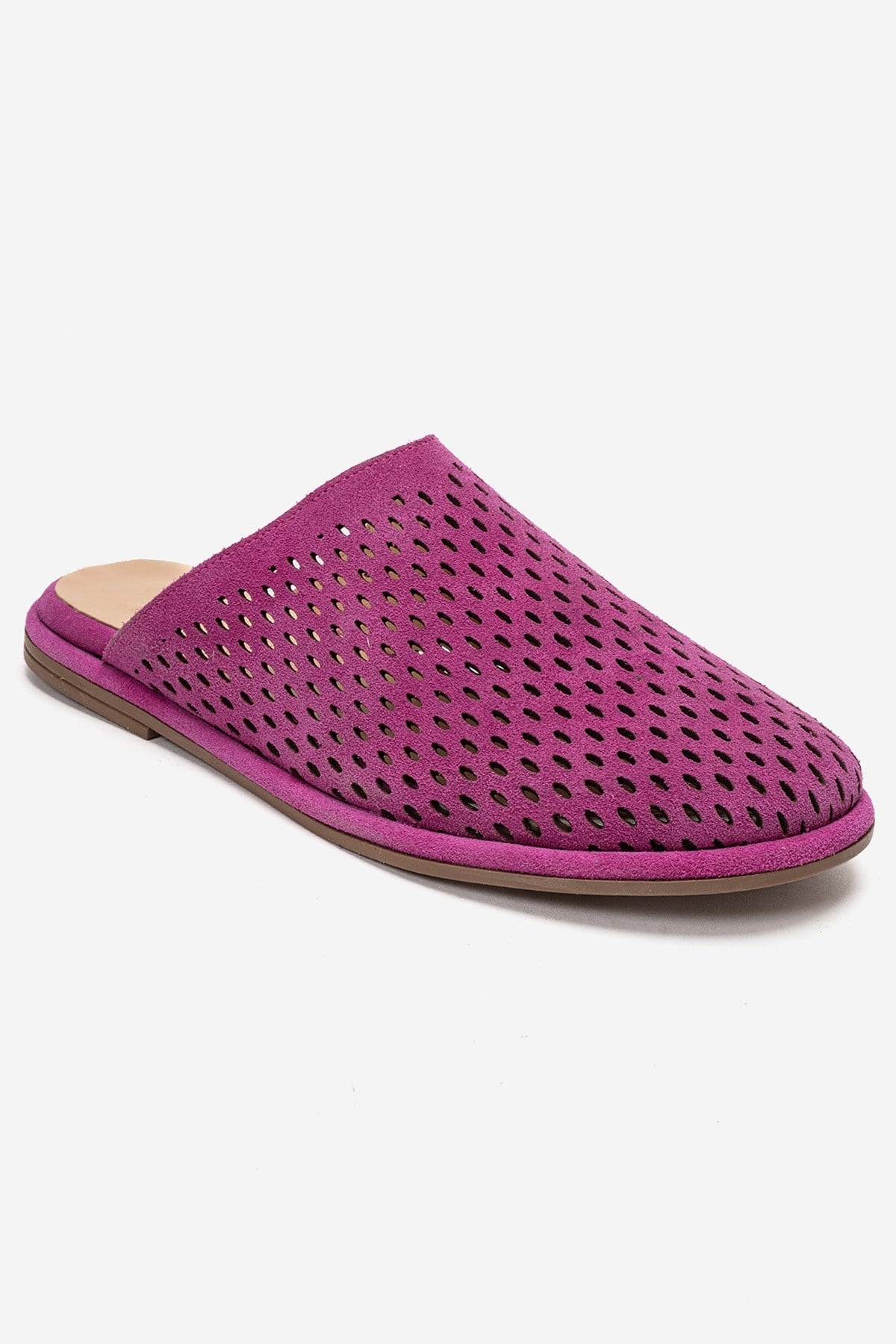 Melara - Sandalia destalonada de piel genuina (ante) perforada fucsia con puntera cerrada (Mujer)