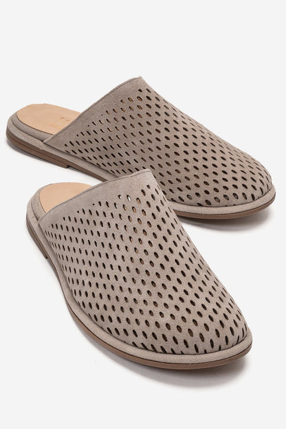 Melara - Beige Genuine Leather (Suede) Perforated Closed-Toe Slide (Women)