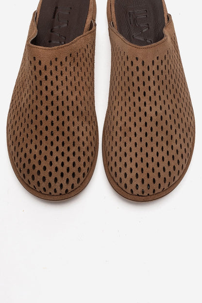 Melara - Camel Genuine Leather (Suede) Perforated Closed-Toe Slide (Women)
