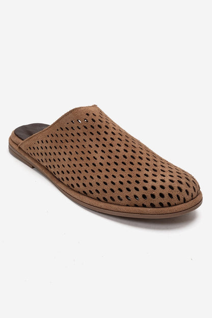 Melara - Camel Genuine Leather (Suede) Perforated Closed-Toe Slide (Women)