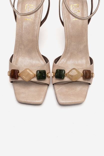 Franca - Beige Natural Stone Buckle Block Heel Shoe (Women)