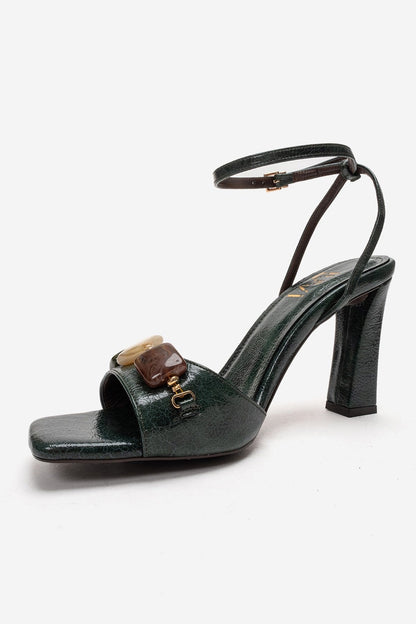 Franca - Sandalia de Tacón Cuadrado de Piel Genuina Verde (Mujer)