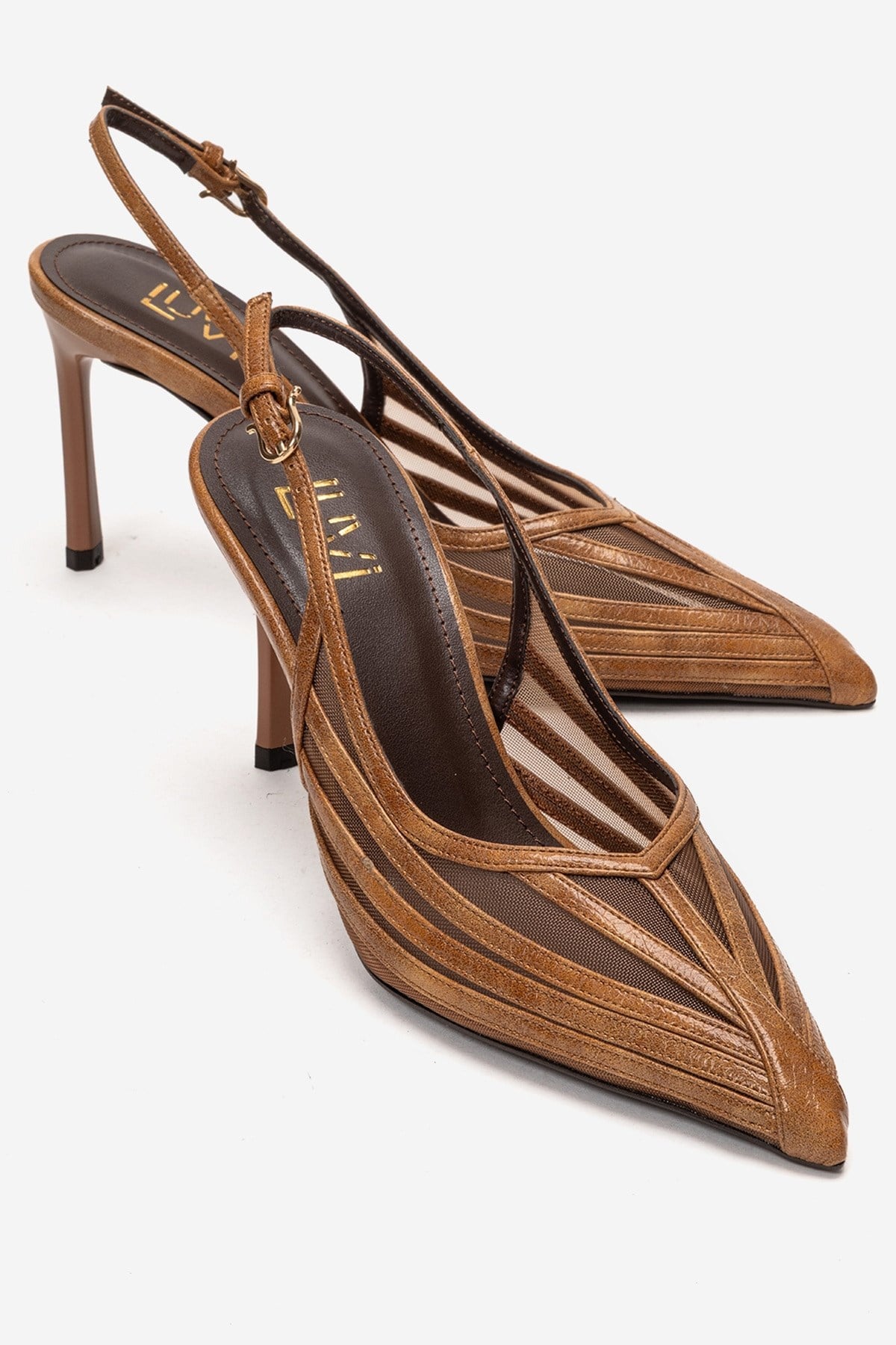 Ylena - Zapato de tacón de aguja de cuero genuino color coñac (mujer)