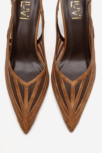 Ylena - Zapato de tacón de aguja de cuero genuino color coñac (mujer)