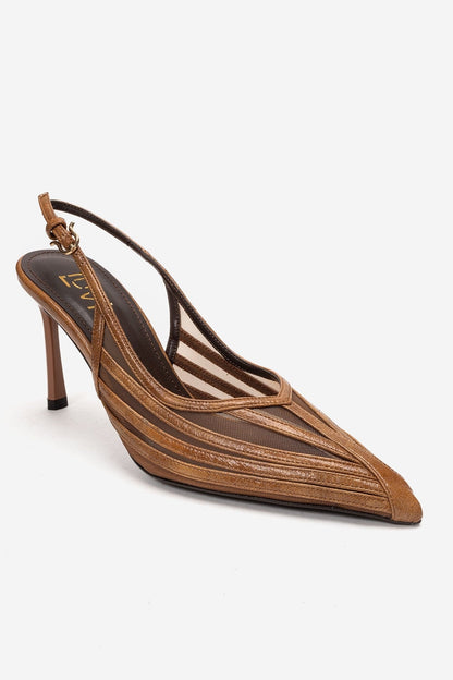 Ylena - Zapato de tacón de aguja de cuero genuino color coñac (mujer)
