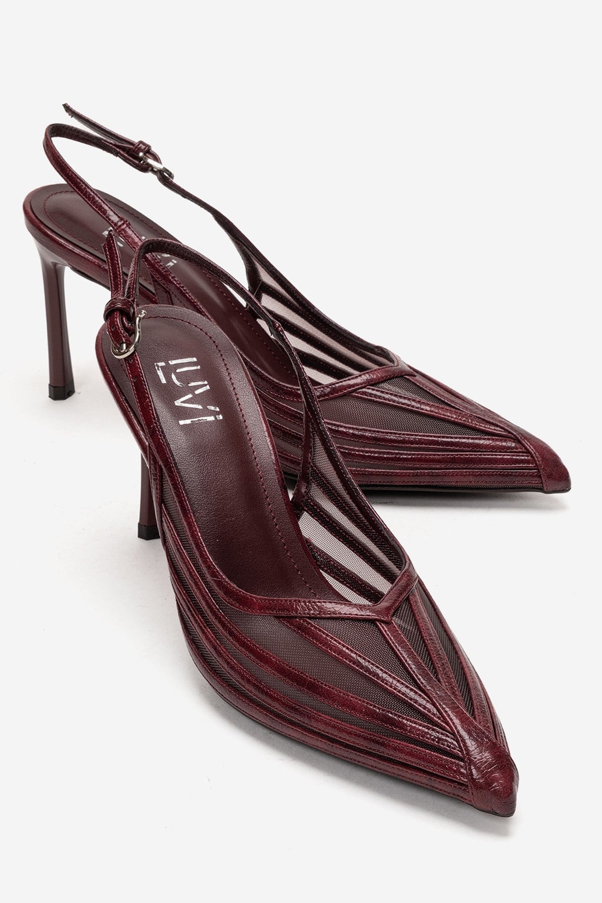 YLENA - Zapatos de Tacón Stiletto Destalonados de Piel Genuina Color Borgoña (Mujer)