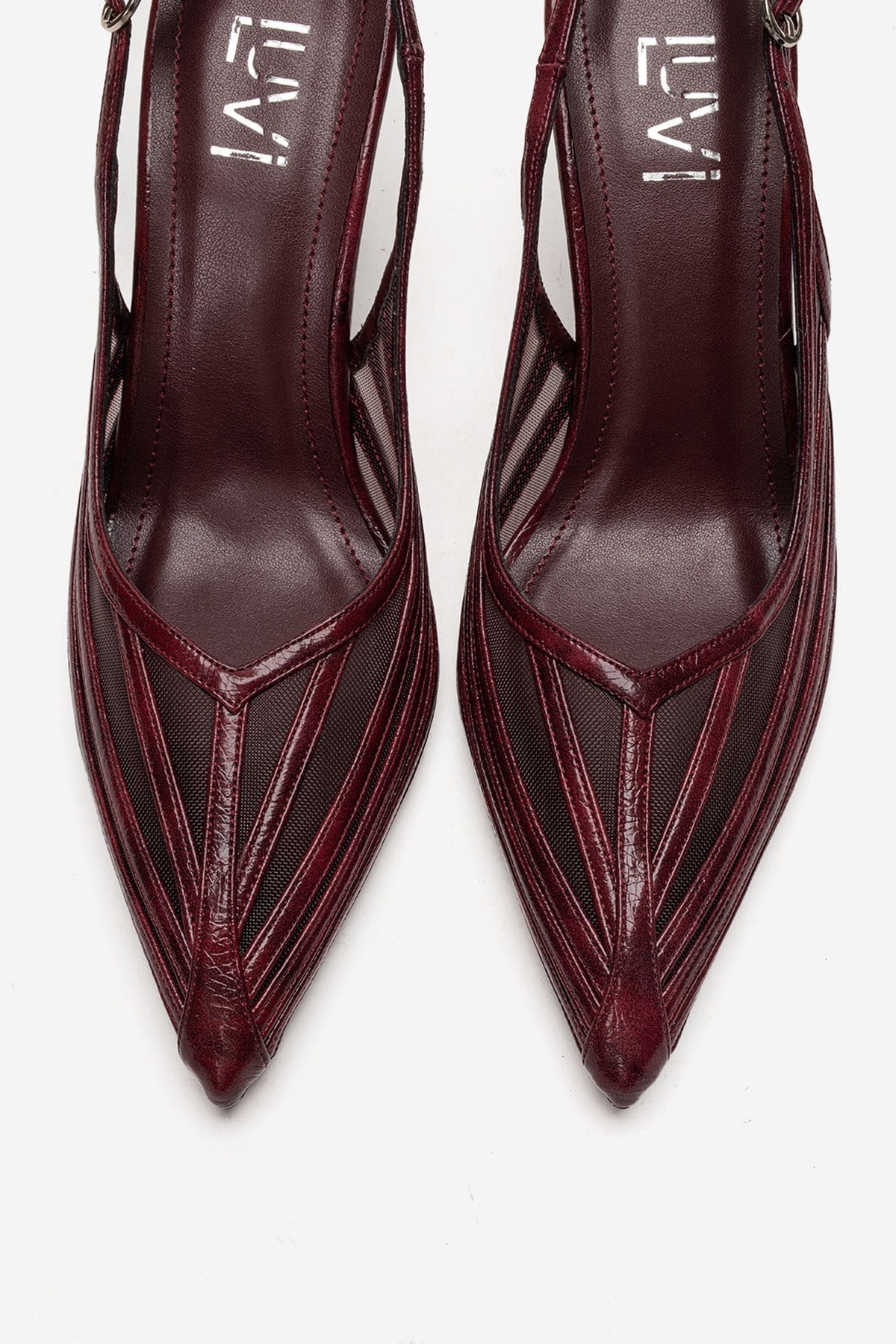 YLENA - Zapatos de Tacón Stiletto Destalonados de Piel Genuina Color Borgoña (Mujer)