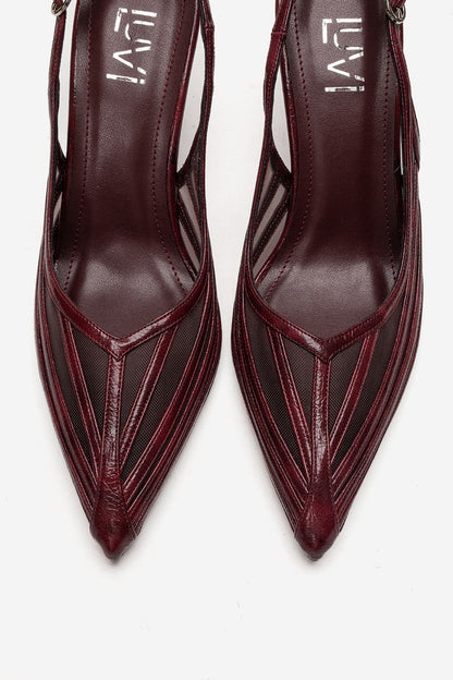 YLENA - Zapatos de Tacón Stiletto Destalonados de Piel Genuina Color Borgoña (Mujer)