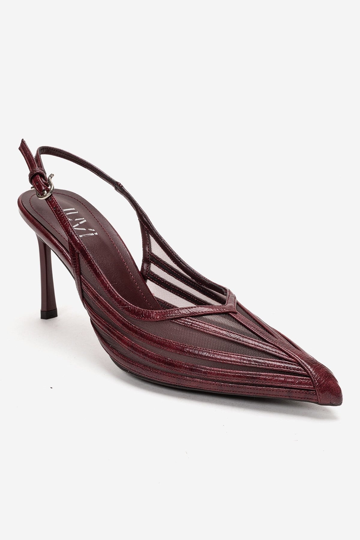 YLENA - Zapatos de Tacón Stiletto Destalonados de Piel Genuina Color Borgoña (Mujer)
