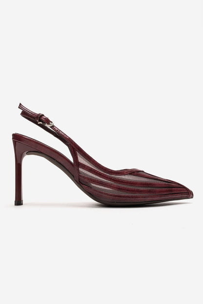 YLENA - Zapatos de Tacón Stiletto Destalonados de Piel Genuina Color Borgoña (Mujer)