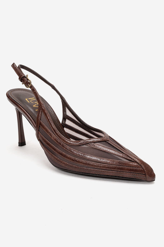 YLENA - Zapatos de tacón de aguja destalonados de cuero genuino color marrón (mujer)