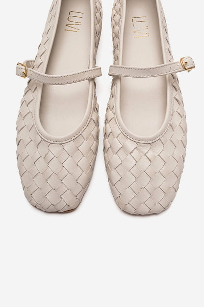 Yevora - Cream Genuine Leather Woven Strap Ballet Flat (Women)