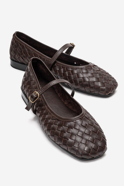 Yevora - Brown Genuine Leather Woven Strap Ballet Flat (Women)