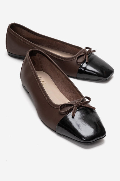 Romy - Brown Genuine Leather Square Toe Bow Ballet Flat (Women)